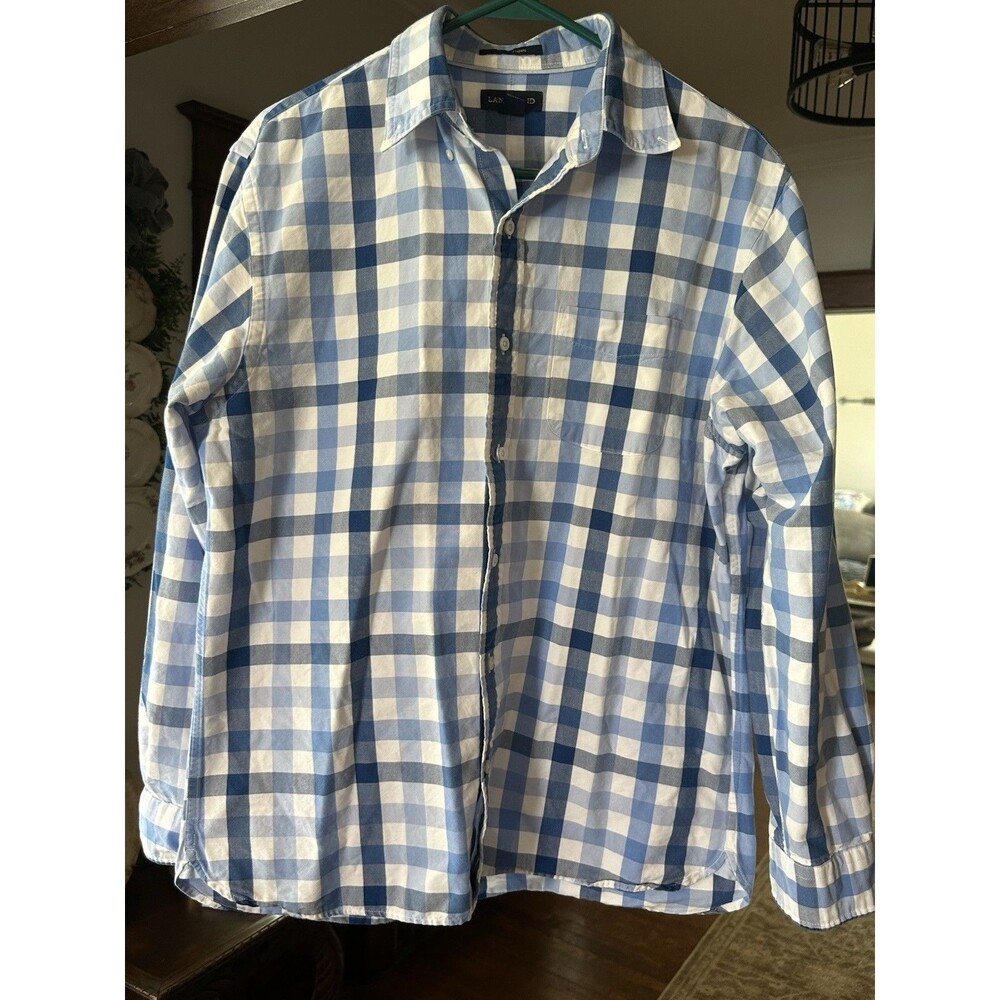 Lands' End Sail Rigger Oxford Men's Plaid Shirt Cotton Blue White M Long Sleeve